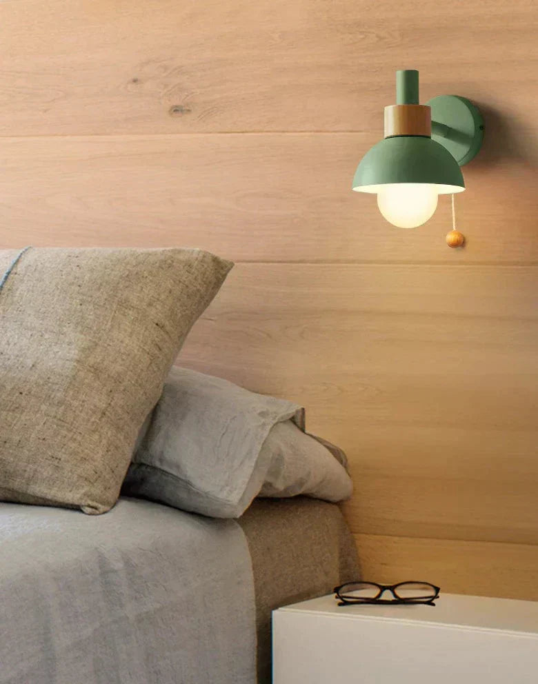 Pastel Nordic Pull Switch Wall Sconce With Wood Accent