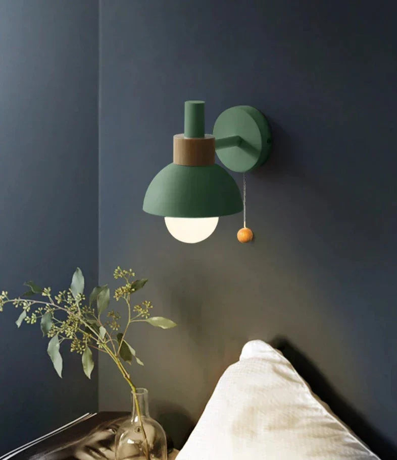 Pastel Nordic Pull Switch Wall Sconce With Wood Accent
