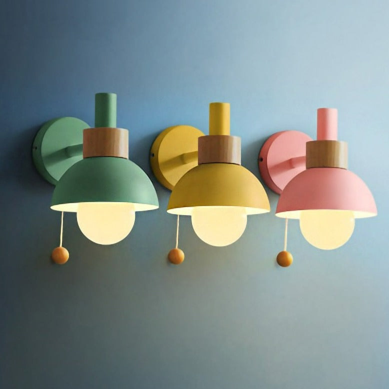 Pastel Nordic Pull Switch Wall Sconce With Wood Accent