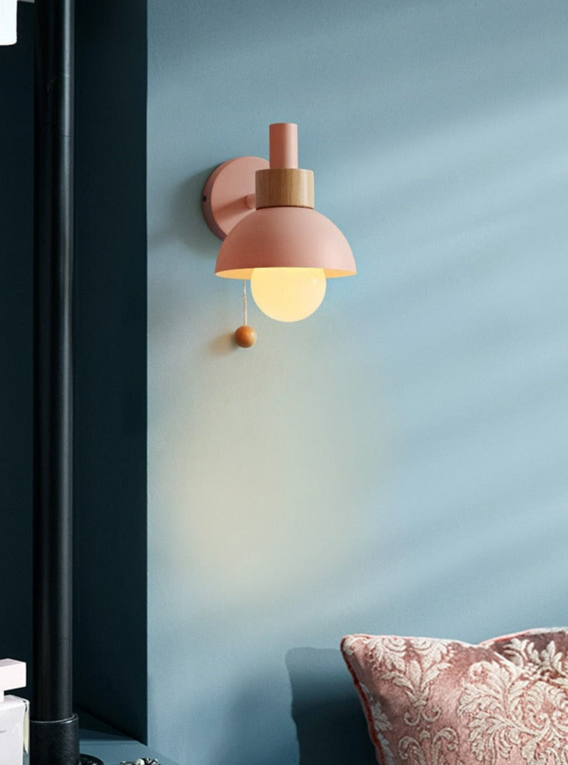 Pastel Nordic Pull Switch Wall Sconce With Wood Accent
