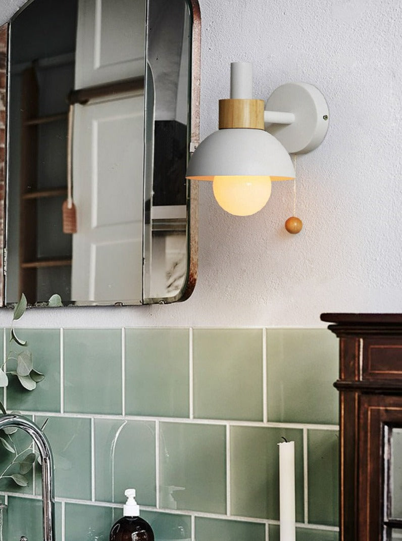 Pastel Nordic Pull Switch Wall Sconce With Wood Accent